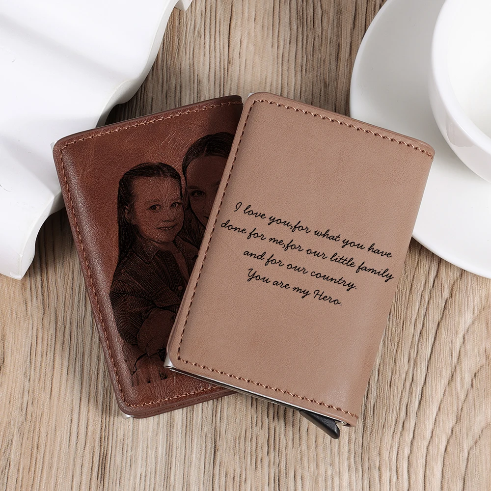 Custom Picture Engraving Personalized Leather Card Holder RFID Wallet Custom Brown Men Fashion Business Card Holder