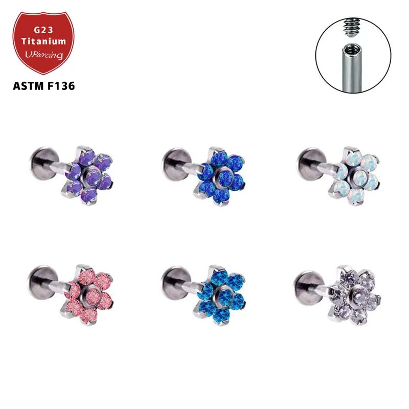 Hera ASTM F136 Titanium Flower Opal And Zircon Labret Stud Earrings Threaded Nose Rings Daith Helix Earrings Piercing