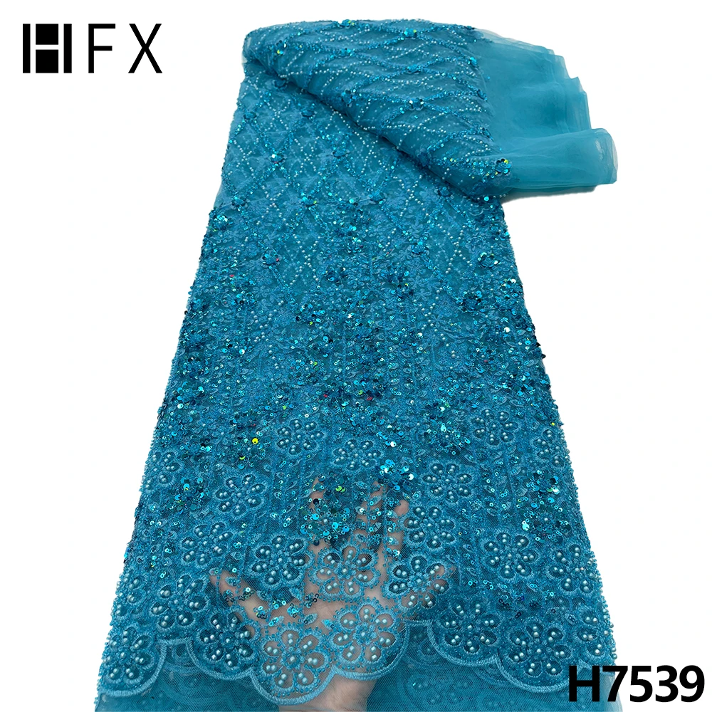 HFX-tela africana de encaje de cuentas pesadas y secuencia, tejido de encaje nupcial francés, bordado de lujo de calidad, tela de encaje de tul F7539