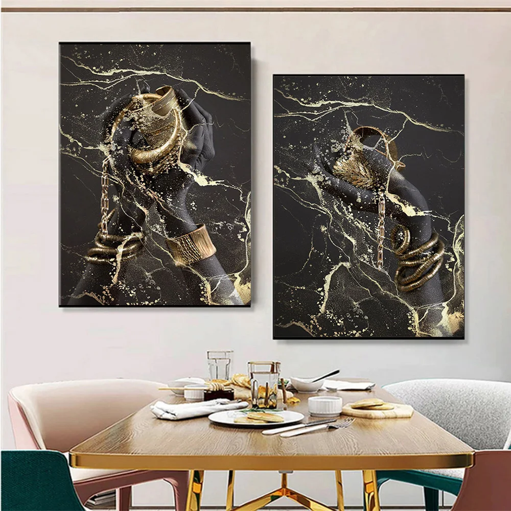 

Modern Fashion African Woman Hand Canvas Painting Gold Luxury Pop Poster and Print Picture for Living Room Wall Art Home Decor