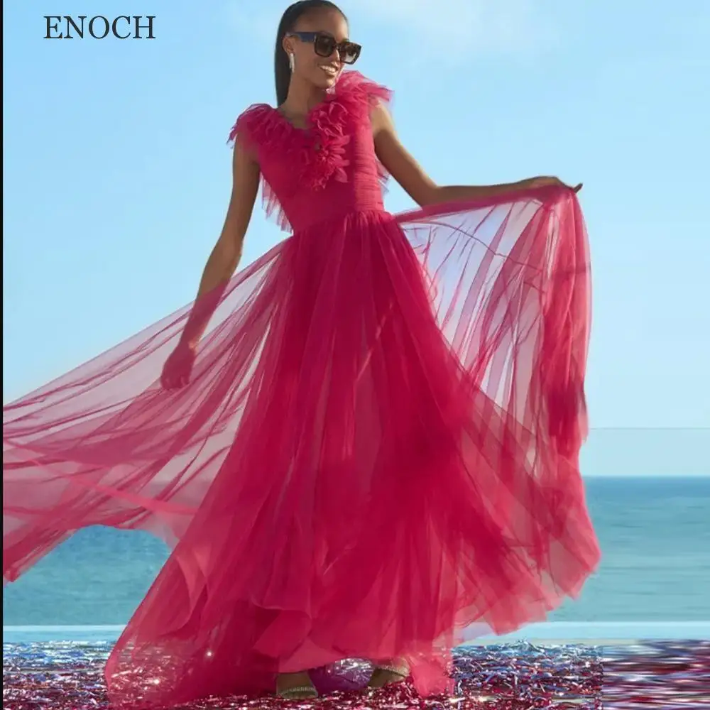 

ENOCH Fashion V-Neck Ruched Evening Dresses Sleeveless Tulle Beach Formal Gowns Open Back A-Line Vestidos De Gala Sweep Train