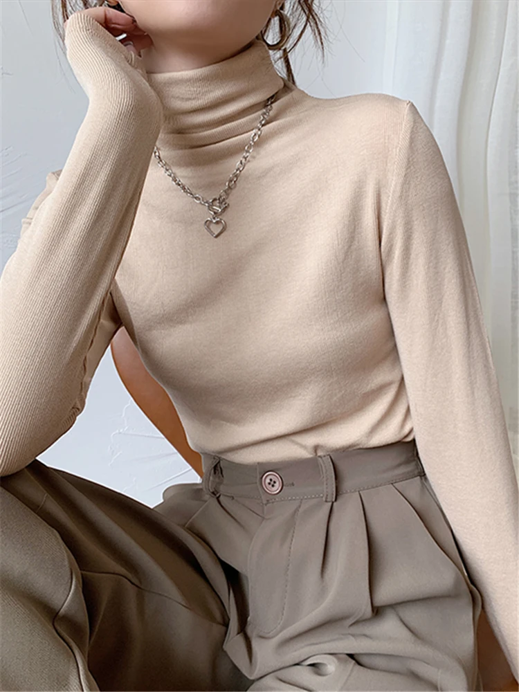 

Turtleneck Knitted Slim Women's T-Shirts 2022 New Autumn Long Sleeve Bottoming Minimalist Shirts Basic Knitwear Tops Female