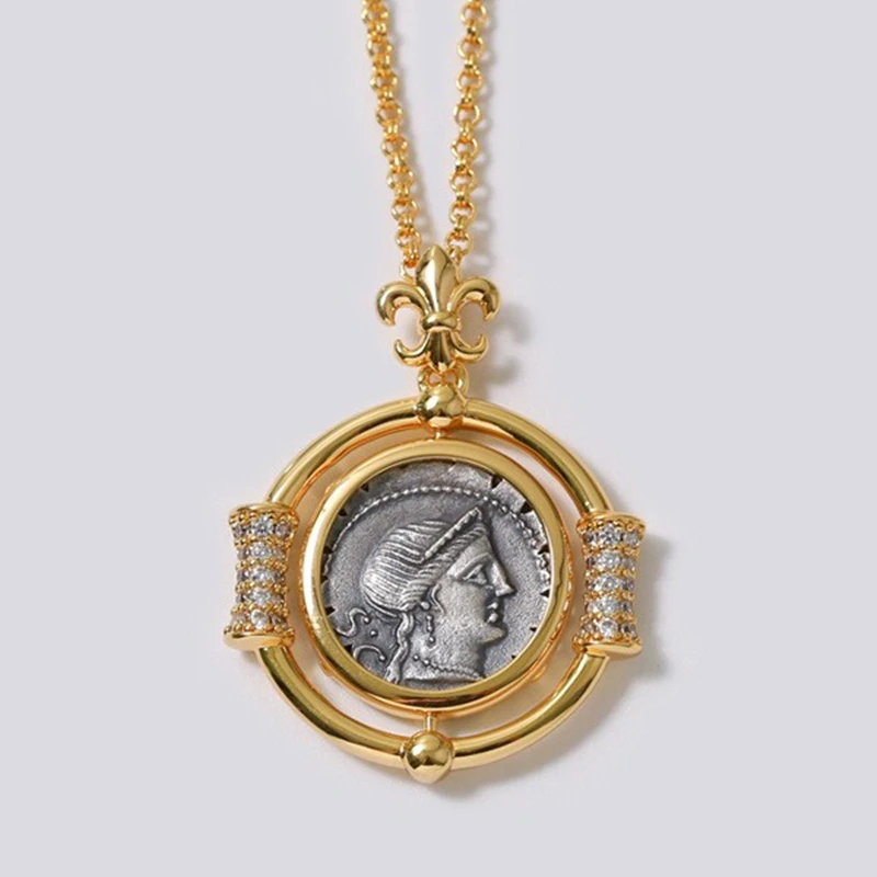 

Модное женское ожерелье в виде старинной римской монеты с покрытием из 18-каратного золота, ювелирные изделия с твердой резьбой, оптовая про...