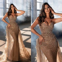 chic mermaid prom dresses with detachable train bead crystal v neck vestidos de fiesta arabic evening dress formal pageant gowns