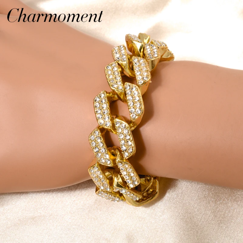 

Charmoment New Iced Out Cuban Link Chain Bracelet Gold Plated Silver Color Bling Rhinestone Women Men Miami Bangle Jewelry