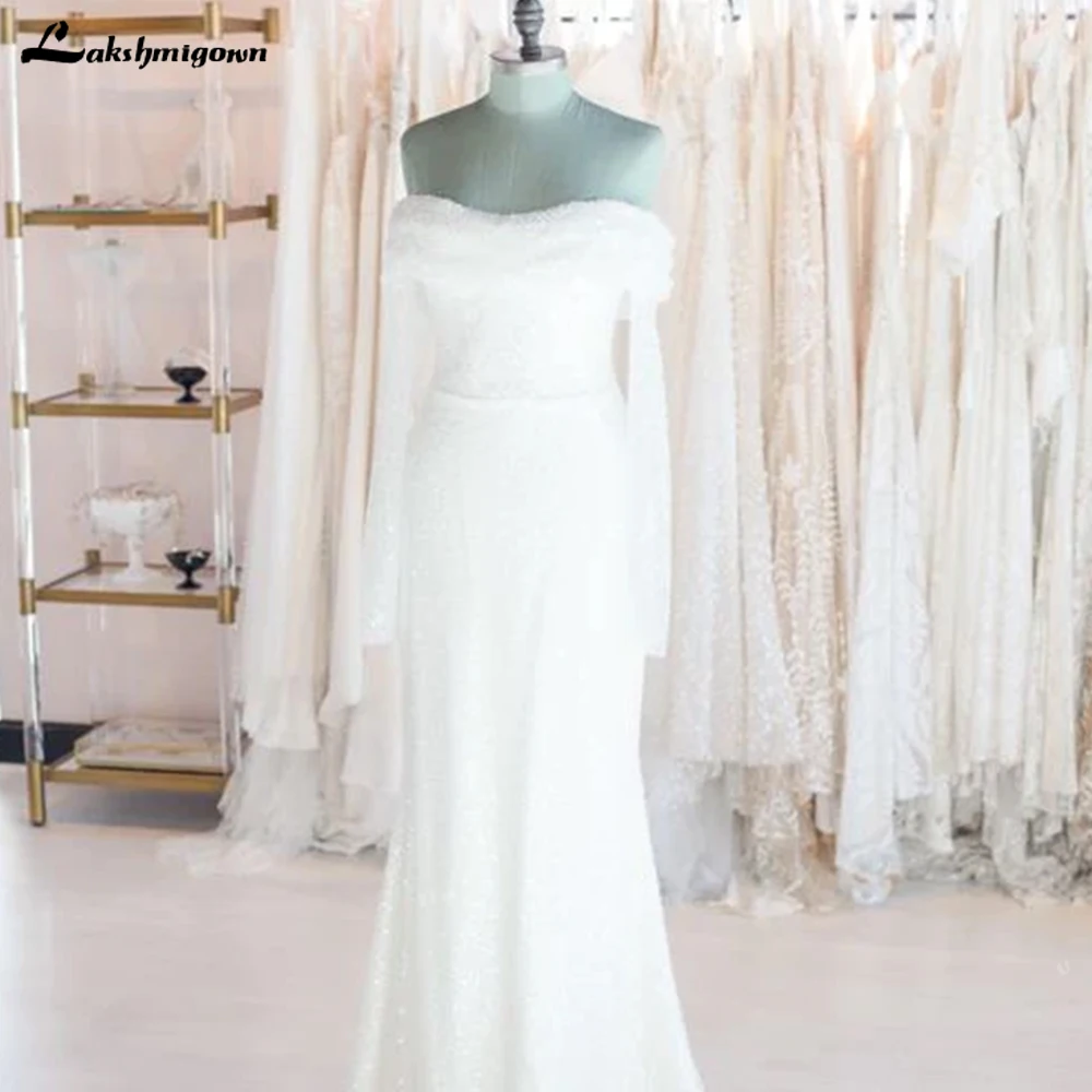Vintage Off the Shoulder Long Sleeve Glitter Bridal Mermaid Dress Luxury Bridal Gown vestido de novia sencillo y elegante
