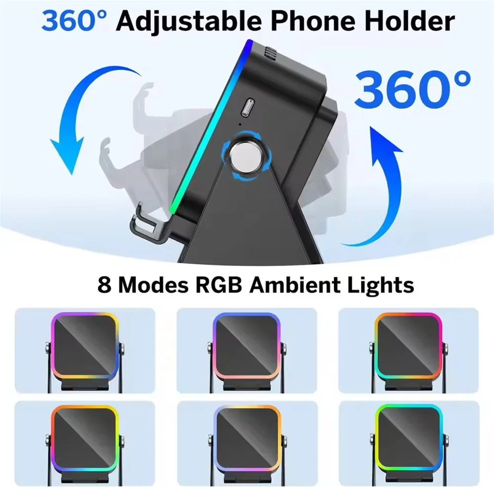 Фото Регулируемая подставка для телефона 2-в-1 с Bluetooth-колонкой и RGB-подсветкой, настольный держатель для просмотра фильмов в офисе, для смартфонов iPhone и Android №5