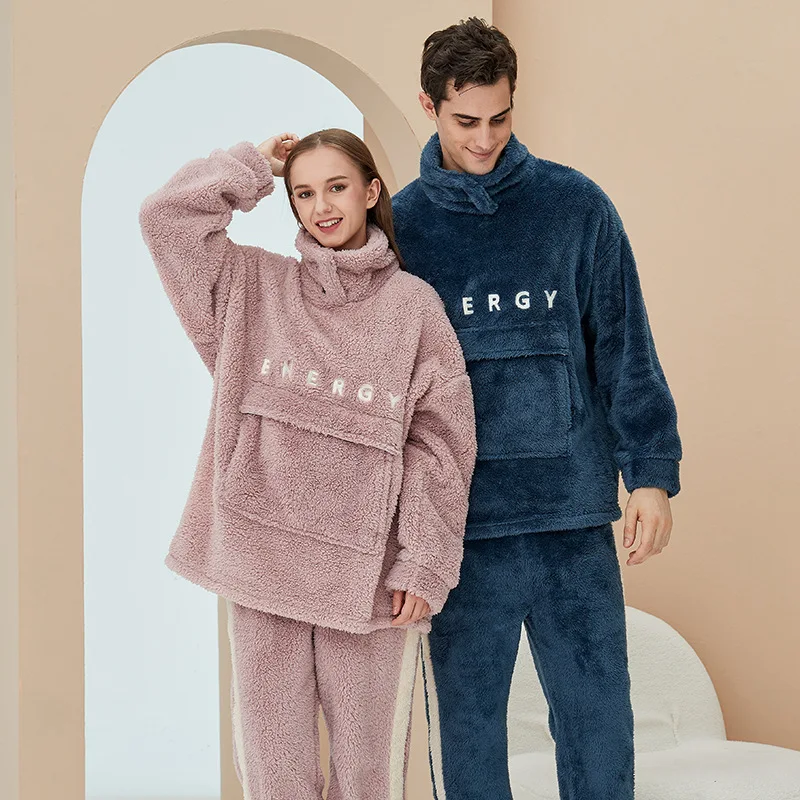 Hot Sale Lovers Turtleneck Winter Coral Velvet Plus Velvet Home Clothes Flannel Casual Loose Warm Pajama Set For Men And Women