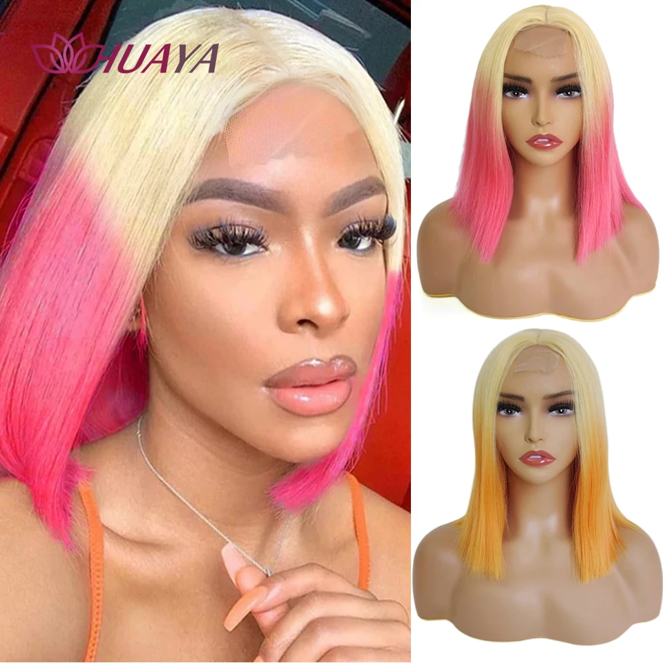 

HUAYA Synthetic Short Bob Wigs for Woman Pink Orange Ombre Blonde Wigs Natural Straight Middle Part Lace Wig Cosplay