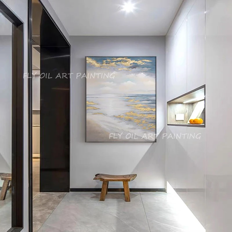 

Landscape grey gold foil canvas on the wall texture images living room manual canvas oil painting art poster bedroom adornment