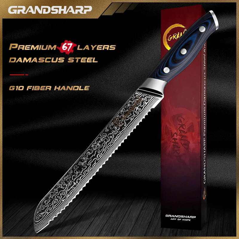 

Grandsharp Damascus Kitchen Knives Bread Knife Home Cooking Cake Slicing Chef's Tools Serrated Stainless Steel Blade Blue Handle