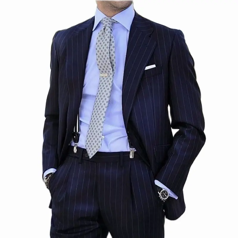 New Design Pinstripe Suit for Men 2 Pieces Navy Blue Slim Fit Business Blazer Formal Groom Wedding Tuxedos Trajes de Hombre