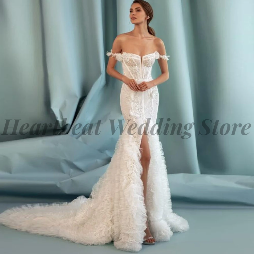 

Modern Front Slit Wedding Dress 2023 Mermaid with Off-The-Shoulder Strapless Applique Sequins Beads Court Train Backless Brides