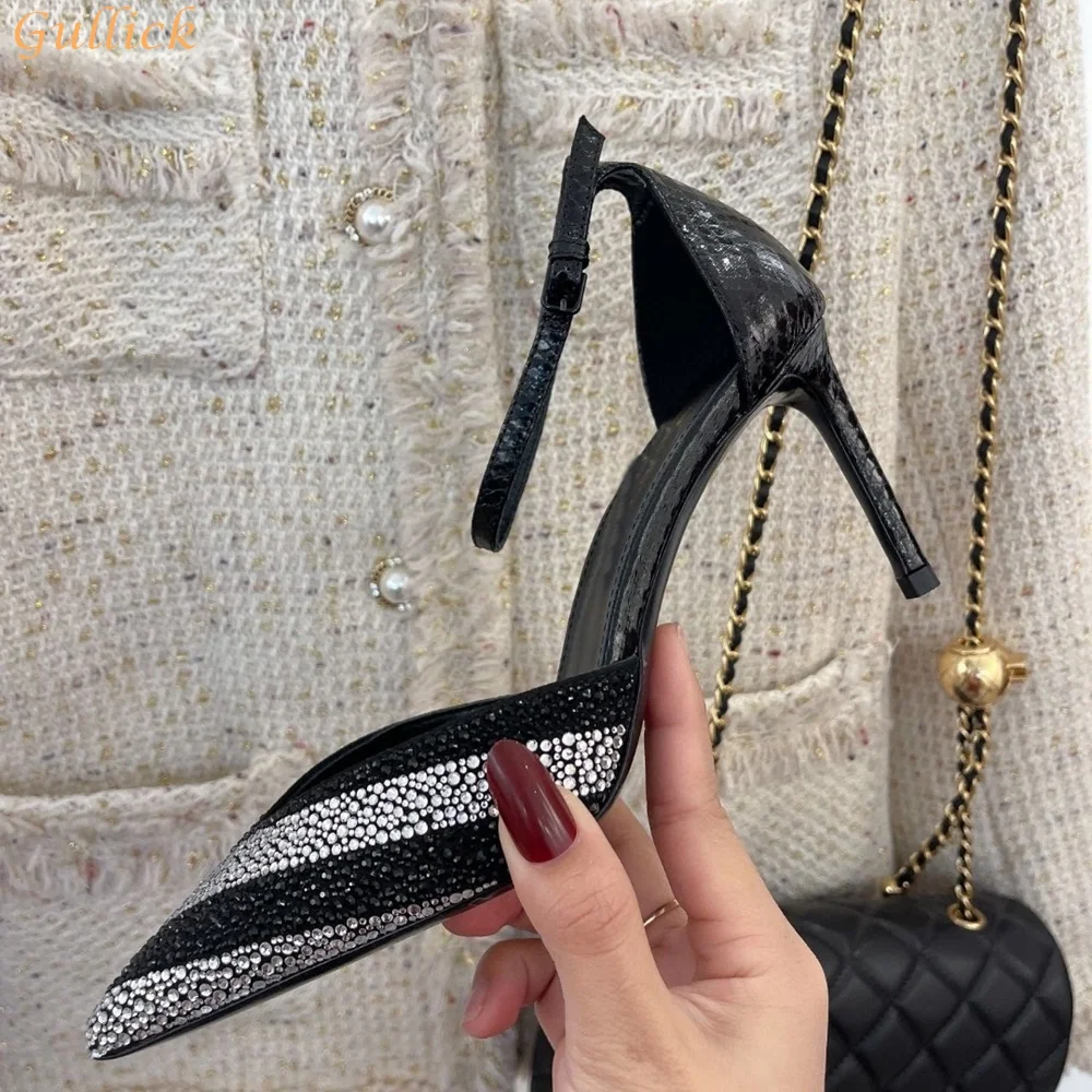 Black White Stripe Rhinestones Sandals Bling Bling Pointed Toe Stiletto Heels Ankle Strap Women Shiny Sandals Shallow Pumps
