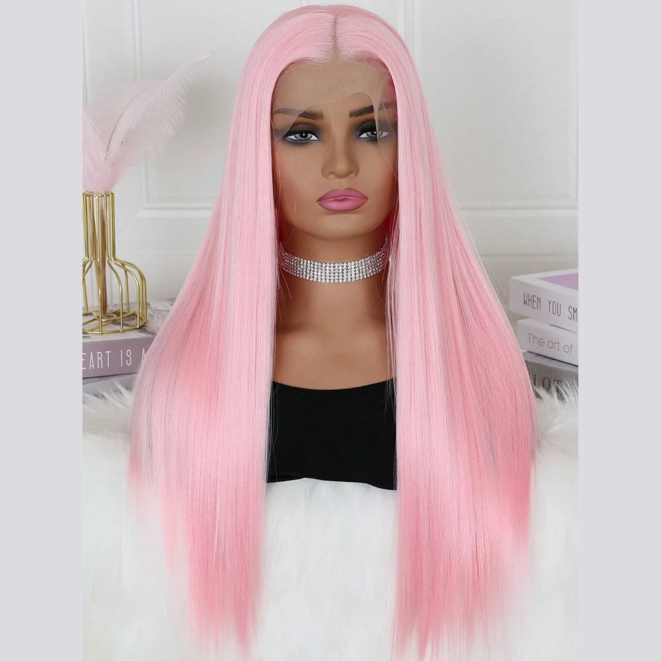 Розовый цвет кружевные передние парики длинные прямые синтетические