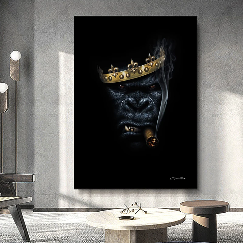 

Funny King Gorilla Smoking A Cigar Poster Canvas Painting Cool Animal Wall Picture For Living Room Home Decoration