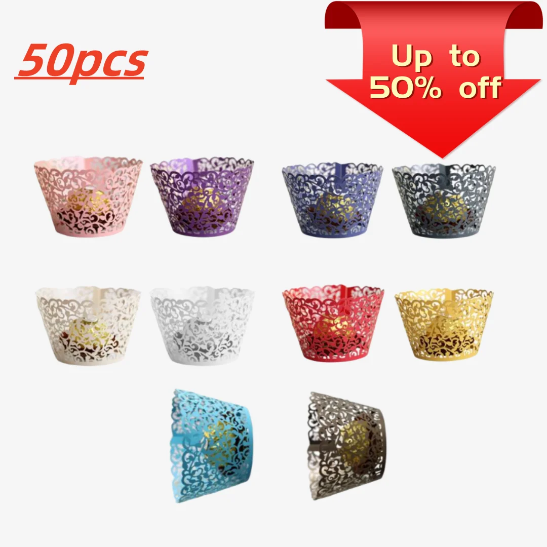 

50Pcs Paper Cupcake Wrappers Lace Hollow Cut Easy Assemble Non-Stick Muffin Baking Cups Trays Festival Dropshipping