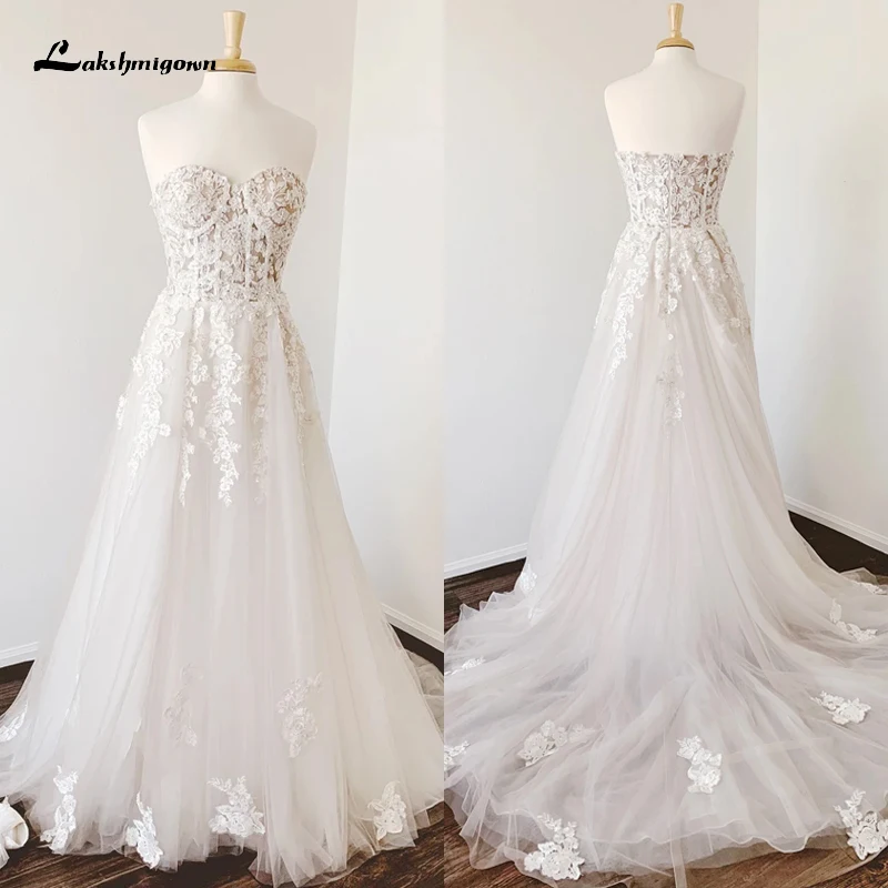 

Boho Sweetheart Sexy Open Back Zipper Lace Appliques Beading A-Line Wedding Dresses Tulle Bridal Gowns Sweep robe de mariée