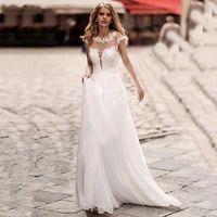 a line chiffon o neck hy340 floor length wedding dress for women short sleeves simple elegant bridal gowns vestidos de novia