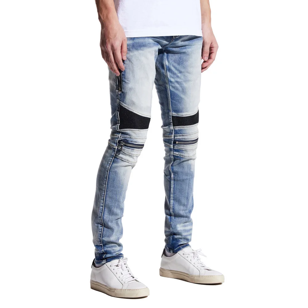 Personality Retro Wash Old Pleated Splicing Zip Decoration Men's Slim Fit Small Feet Joggers Street Wear Pencil Jeans For Men