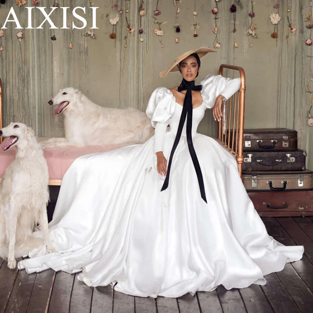 

AIXISI Boho Wedding Dress Puff Sleeves A Line Modern Long Sleeve Wedding Dress Princess Wedding Party Gowns robe de mariée