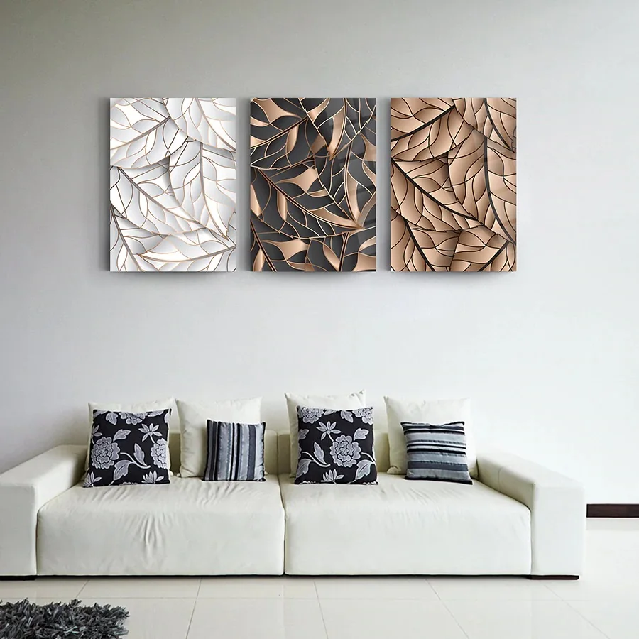 

Copper Leaves Set Of 3 , Glass Wall Art,Frameless Free Floating Tempered Glass Panel,Home Office Living Room Decoration,