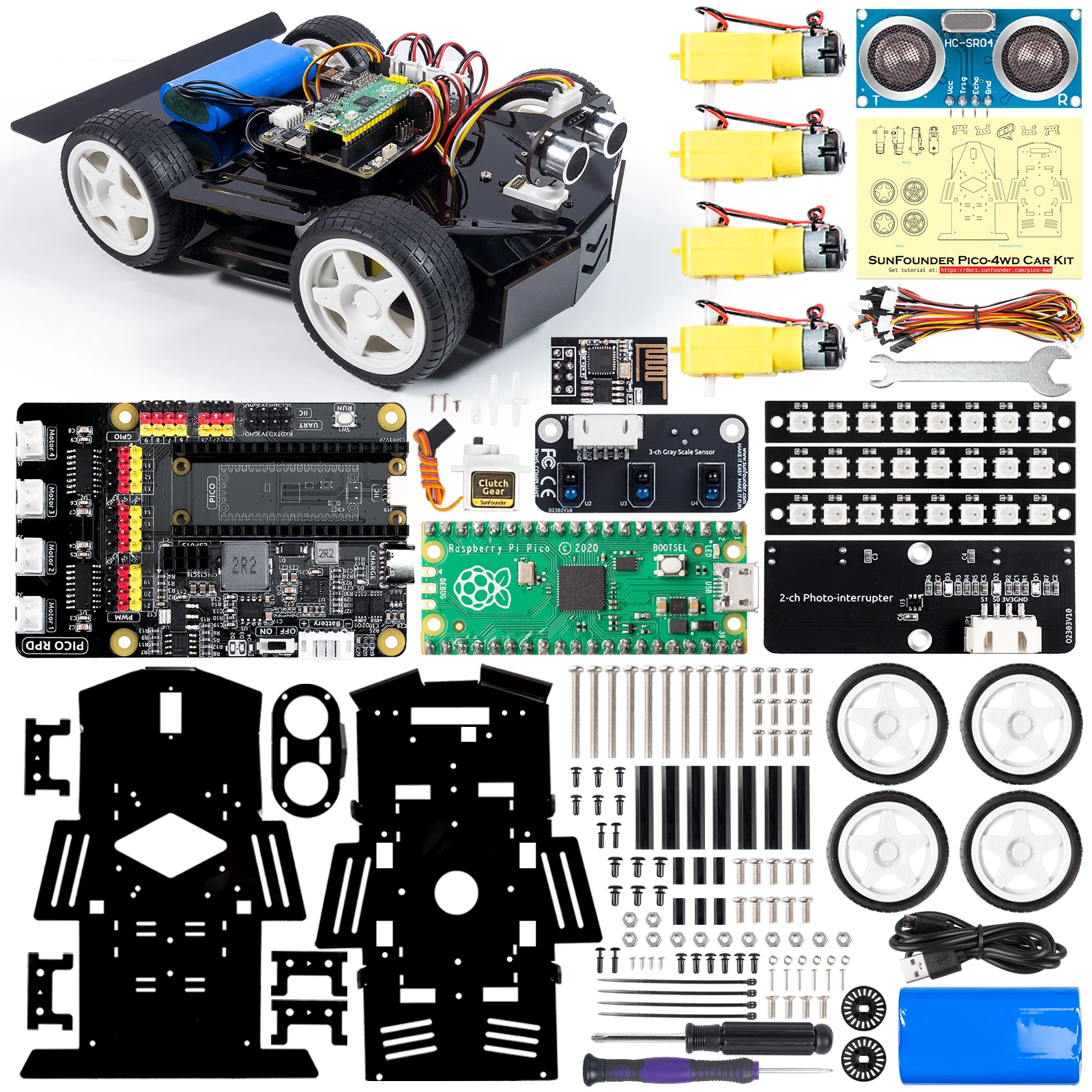 

SUNFOUNDER Rechargable Robot Car Kit for Raspberry Pi Pico, Open Source, MicroPython, App Control, Electronic DIY Robot Kit