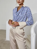 berrygo 2022 autumn blouse suits women elegant flare sleeve v neck blue diamond printed 2 piece sets high waist lady pant sets