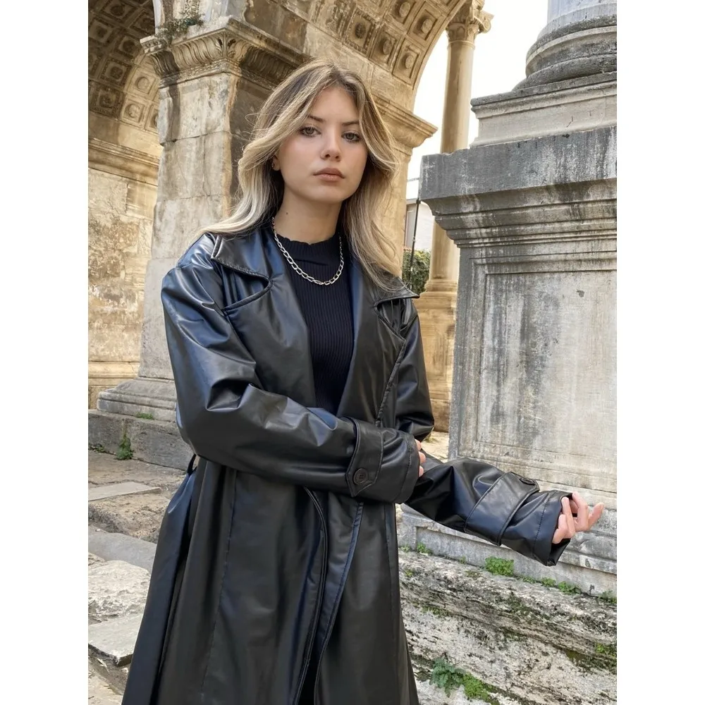 Women's Leather Trench Coat new casual fashion Chic belted Faux leather trench coat Vintage lapel long sleeve Slim Fit solid color coat