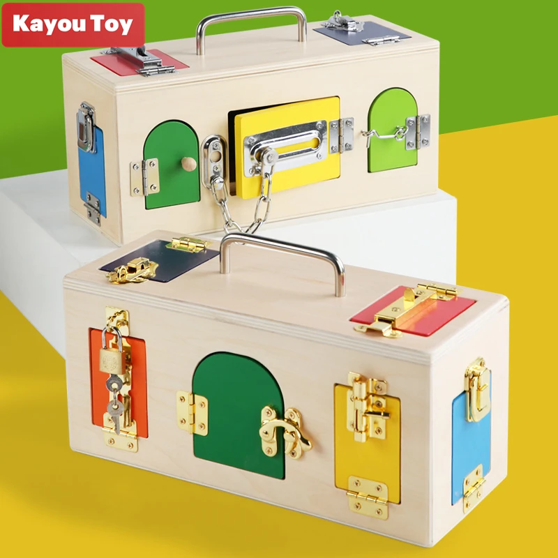 

Montessori Wooden Multifunctional Lock Box Colorful Lock Woodbox for Kids Baby Sensory Hand-on Learning Games Educational Toys