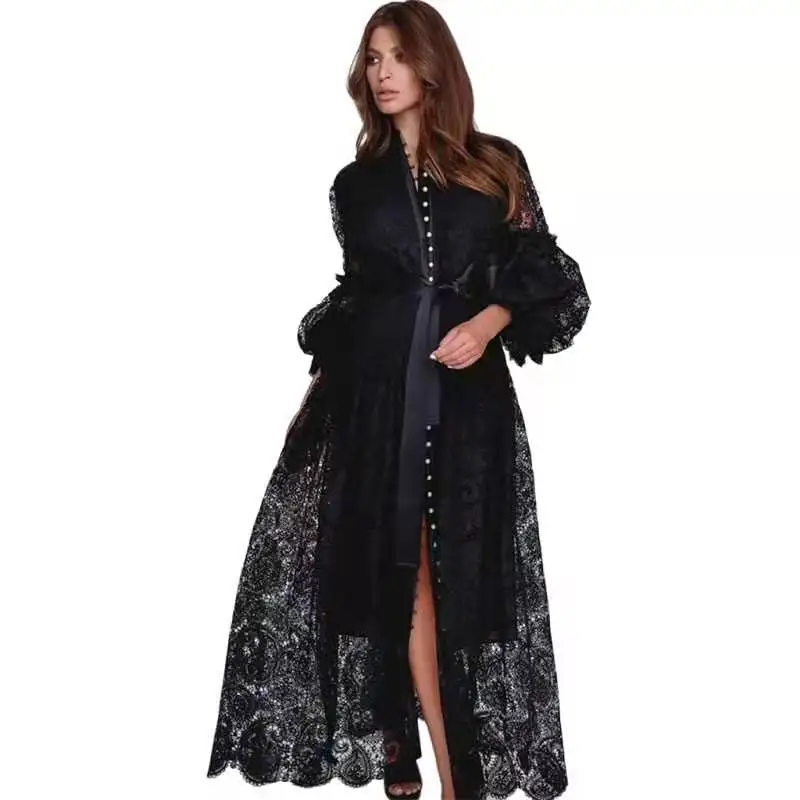 Early Spring Fashion Brand Retro Design Standing Neck Lantern Sleeve Single Breasted Large Swing Cut Out Lace Long Dress