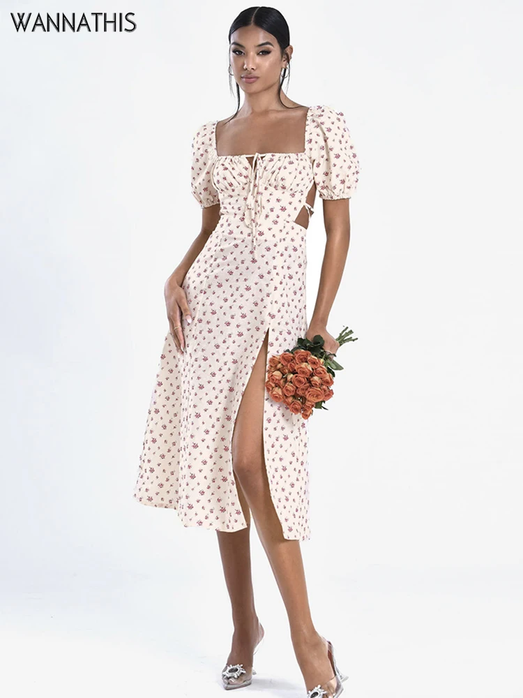 

WannaThis Sexy Floral Midi Dress 2022 Summer Women Backless Square Collar Puff Sleecve High Split Evening Elegant Party Clothing