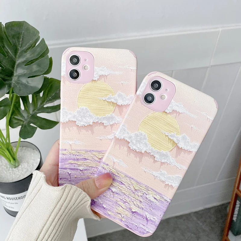 

Sunrise Pink Sea Oil Painting Phone Case for iPhone X XR XS 7 8 Plus 11 12 13 pro MAX 13mini Case