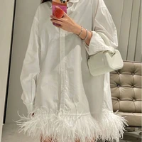 summer white simple dress loose casual shirt dress womens polo collar long sleeve niche high end design chic feather fringe top