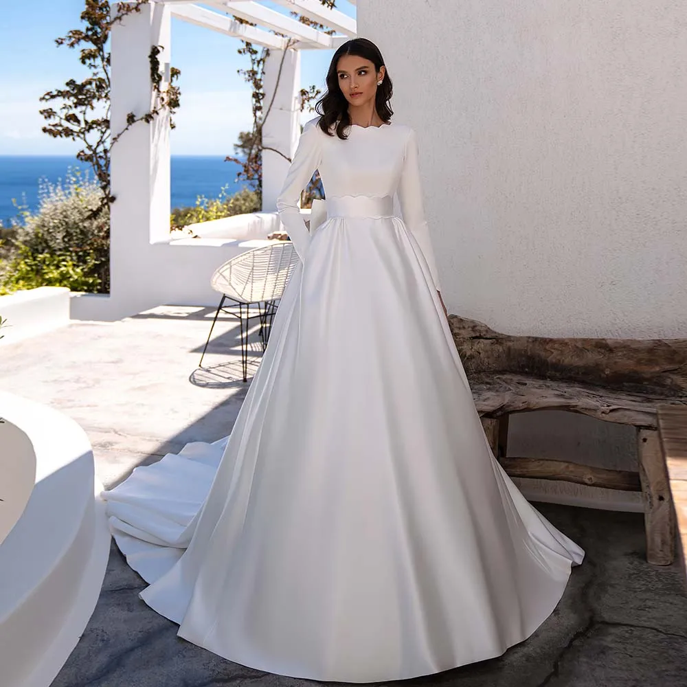 

Modern Bridal Gowns Princess Jewel Long Sleeve Backless With Bow Wedding Dress 2022 Satin A-Line Court Train Bride Dress Custom