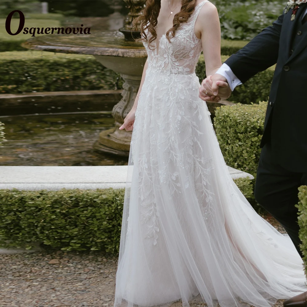 

Osquernovia Wedding Dresses 2023 Sequins V-neck Appliques Backless Sleeveless Appliques A-line For Women Vestido De Noiva