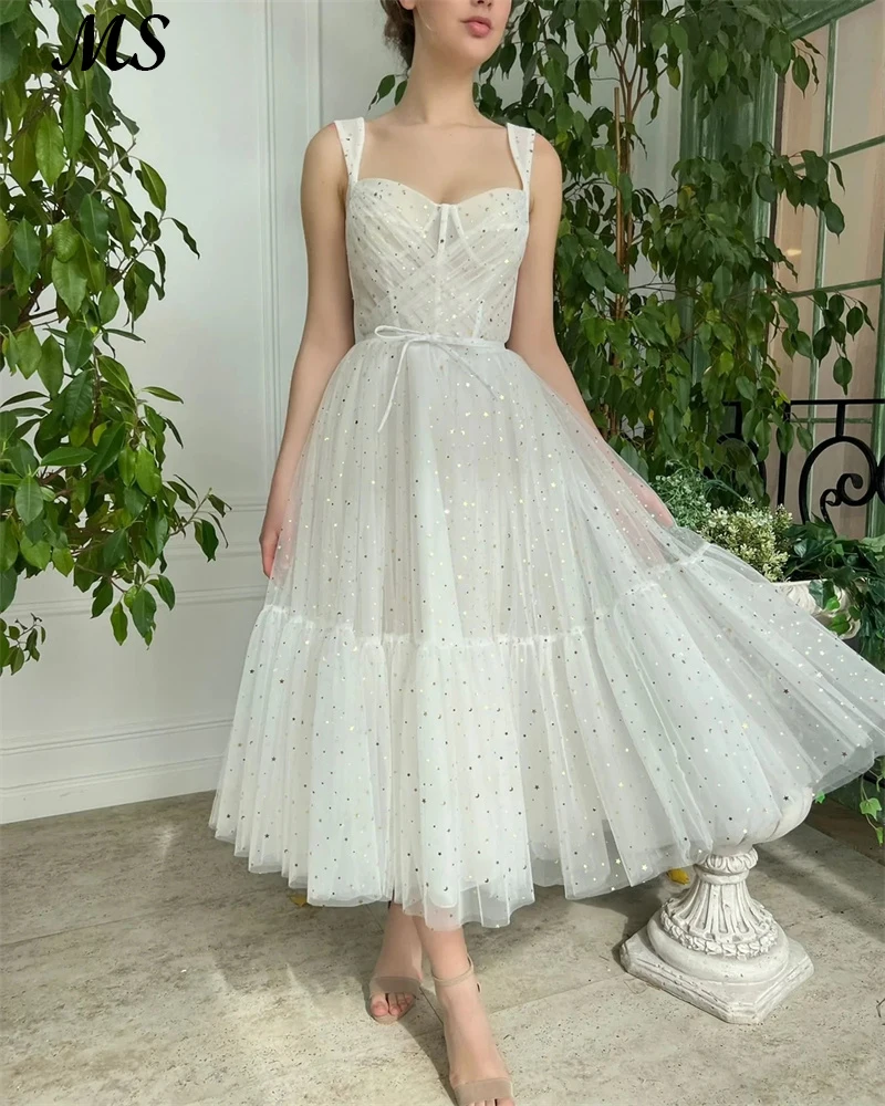 

MS A Line Elegant Evening Dress Spaghetti Strap White Glitte Star Tulle Tea Length Prom Gown For Gradution Plus Size Custom Made