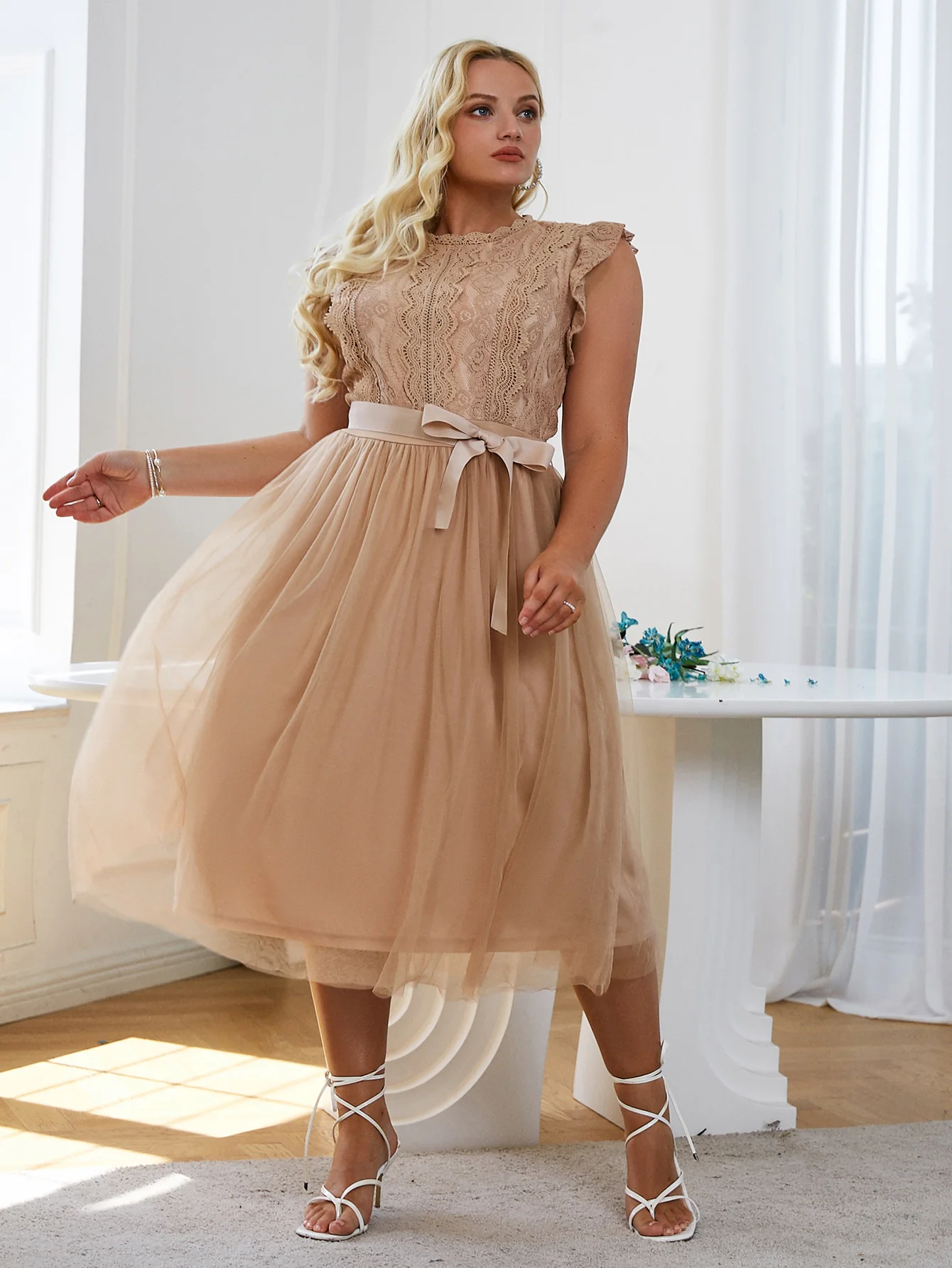 Simplee Plus Sleeveless lace tulle wedding plus size dress women Party ruffle mesh long robe Elegant belt 4XL even vestido 2022