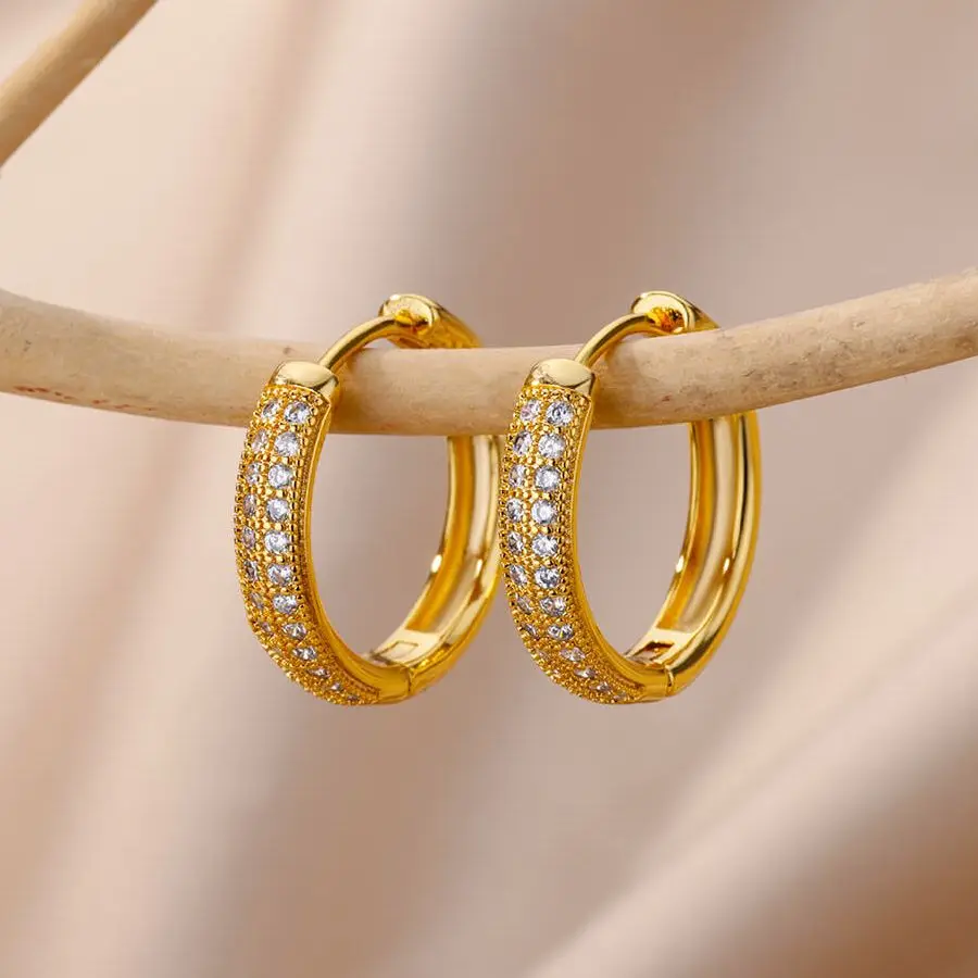 

Luxury Round Earrings for Women Girls Cubic Zirconia Stainless Steel Hoop Earring 2023 Trend Couple Aesthetic Jewelry aretes
