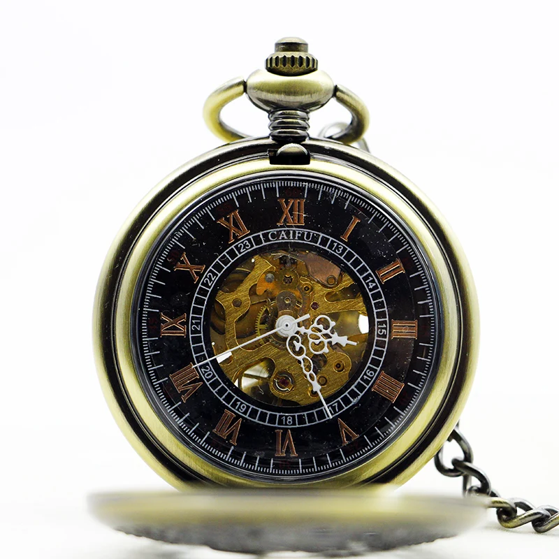 Roman Numerals Display Pocket Watch Mechanical Mens Vintage Pendant with Chain Clock Steampunk Hand Wind Fob Watch