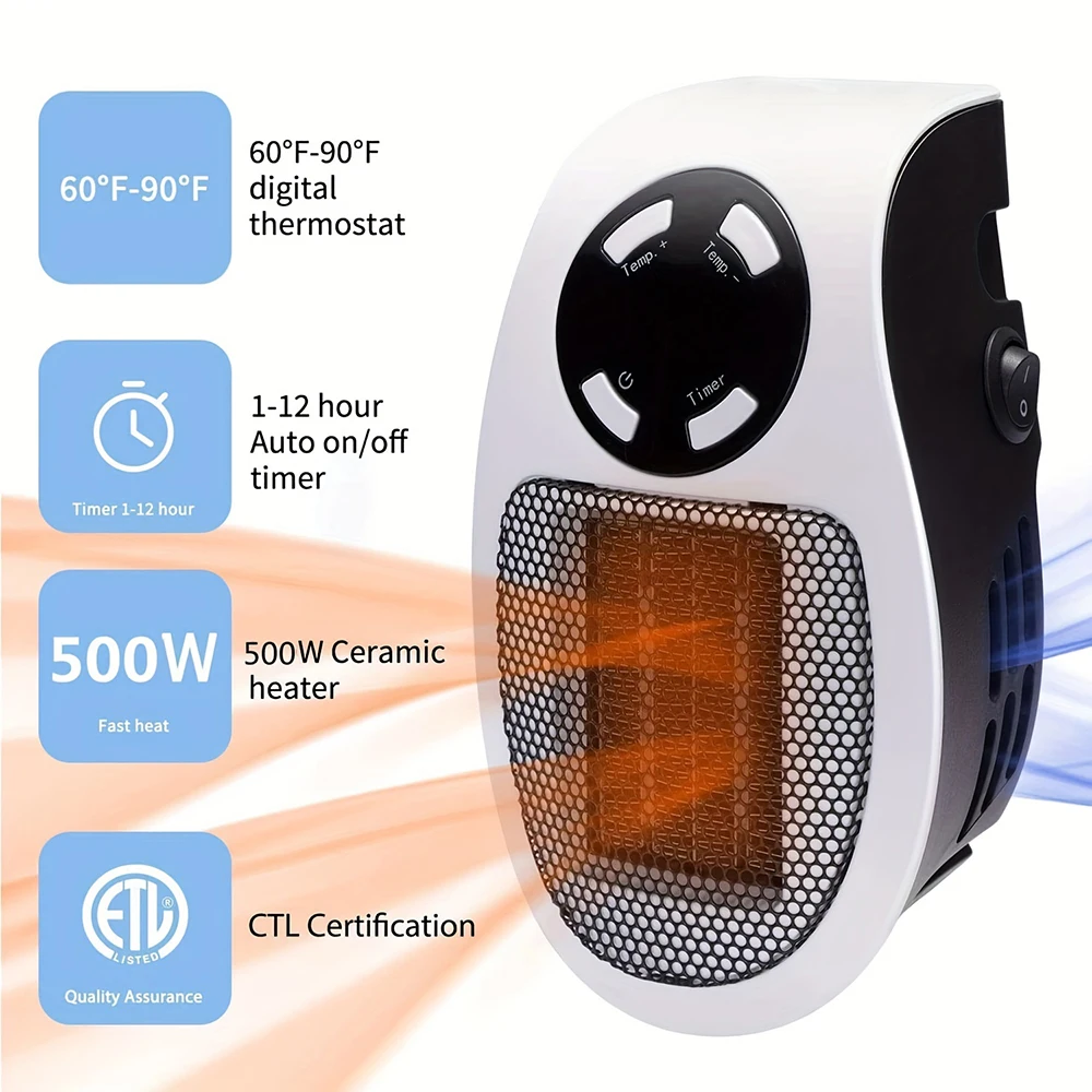 

1pc Electric Heater Smart Wall Space Heater 500W / 800W Portable Electric Small Heater With Adjustable Thermostat And Timer