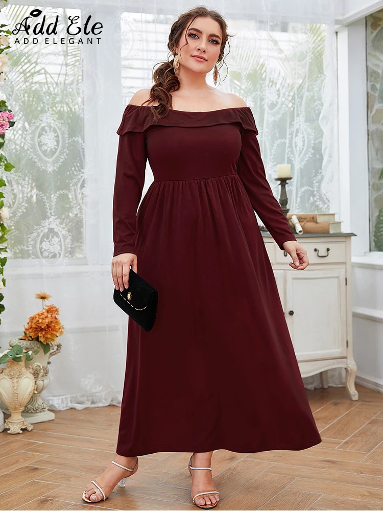 Add Elegant 2022 Autumn Plus Size Women's Dresses Slash Neck Sweet Waist Woman Gentle Solid Loose A-LINE Ankle-Length Dress B544