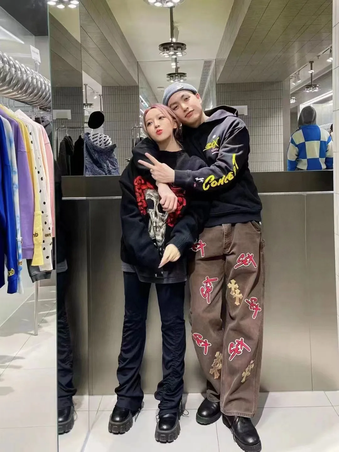 B01 Jeans Trousers Sex Letter Logo Leather Cross Black Vibe High Street Tide Couple Europe And America Limited