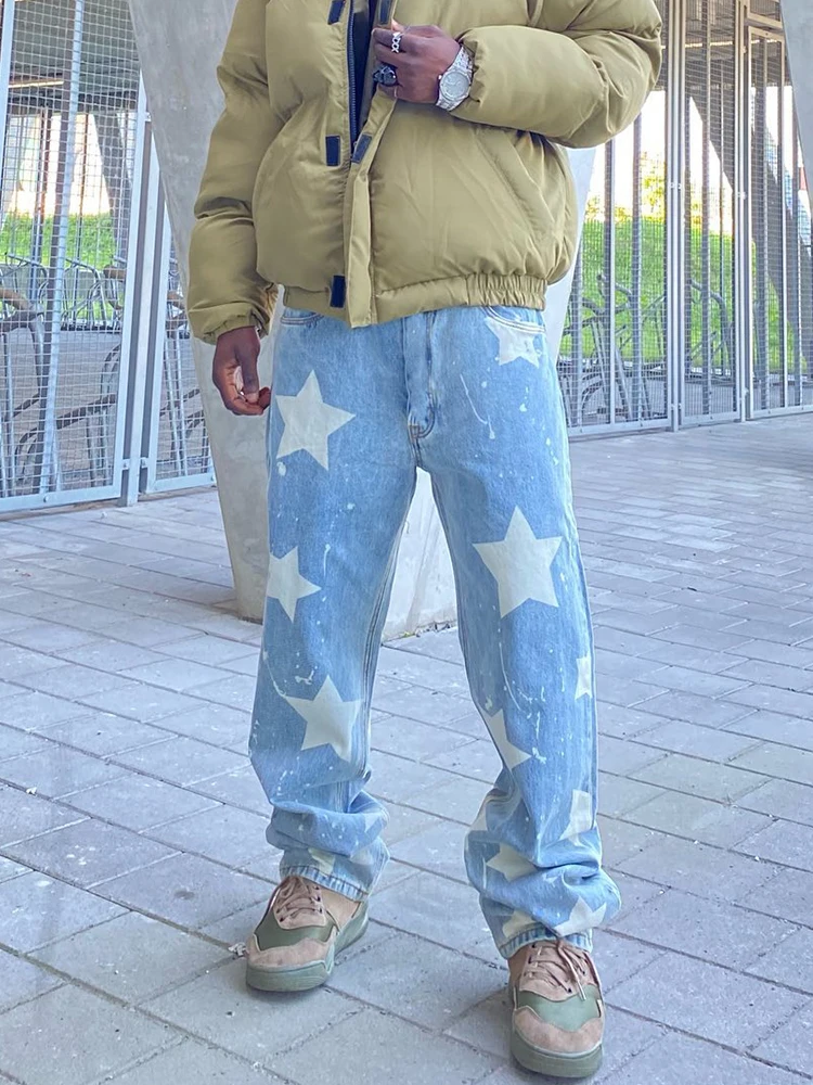 Men's Loose Jeans Straight FashionPrint Streetwear Man Pants Blue Baggy Jeans Comfy Wide Leg Trousers High Street Pants Clothes