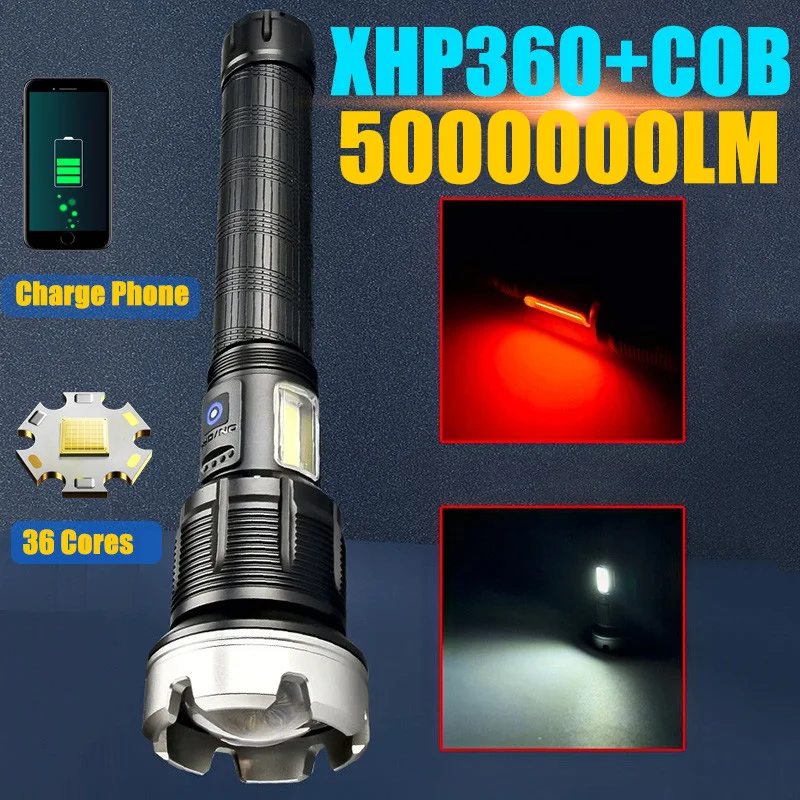 

5000000LM Super 36Cores XHP360 LED Flashlights Outdoor Long Shot USB Rechargeable Tactical Flashlights Emergency Power Bank