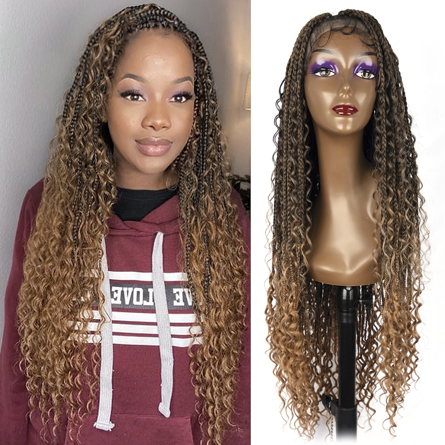 

34 Inches Baby Hair Synthetic Lace Wig Straight Mix Curly Barids Ombre Brown Colored Crochet Braids Wig For Black Women