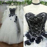 Black and White Marriage Dress Gothic Lace Top 3D Flower Tulle Bridal Ball Gown vestidos de fiesta vestidos elegantes para mujer