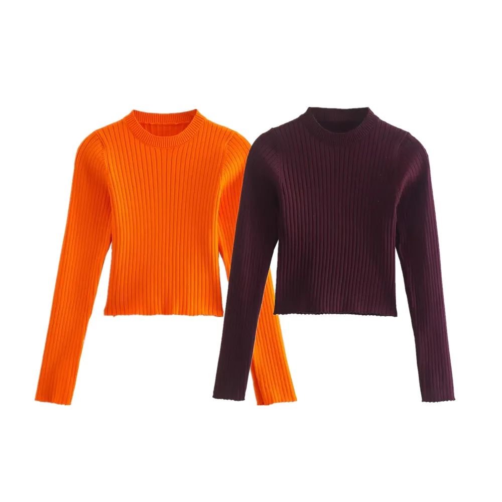 

PB&ZA autumn new women's fashion simple solid color round neck long sleeve ribbed slim short knitted top 6771/110