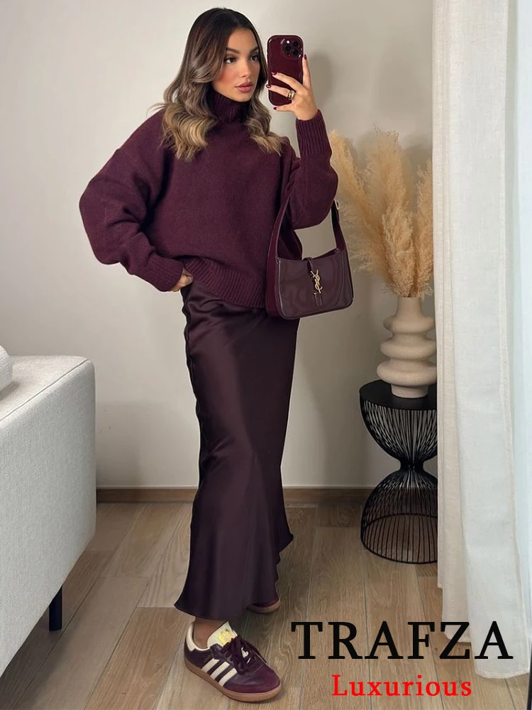 TRAFZA винтажный шикарный женский свитер однотонный вязаный свободный с круглым