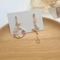 japan korea pink cherry blossoms circle dangle earrings women long butterfly tassel earrings fashion flower jewelry party gifts
